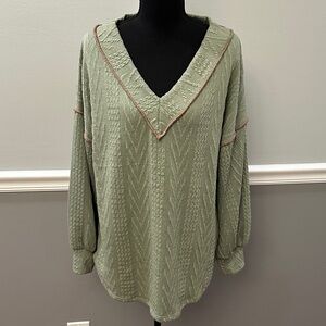 BiBi Soft Olive V-Neck Sweater with Pink Trim